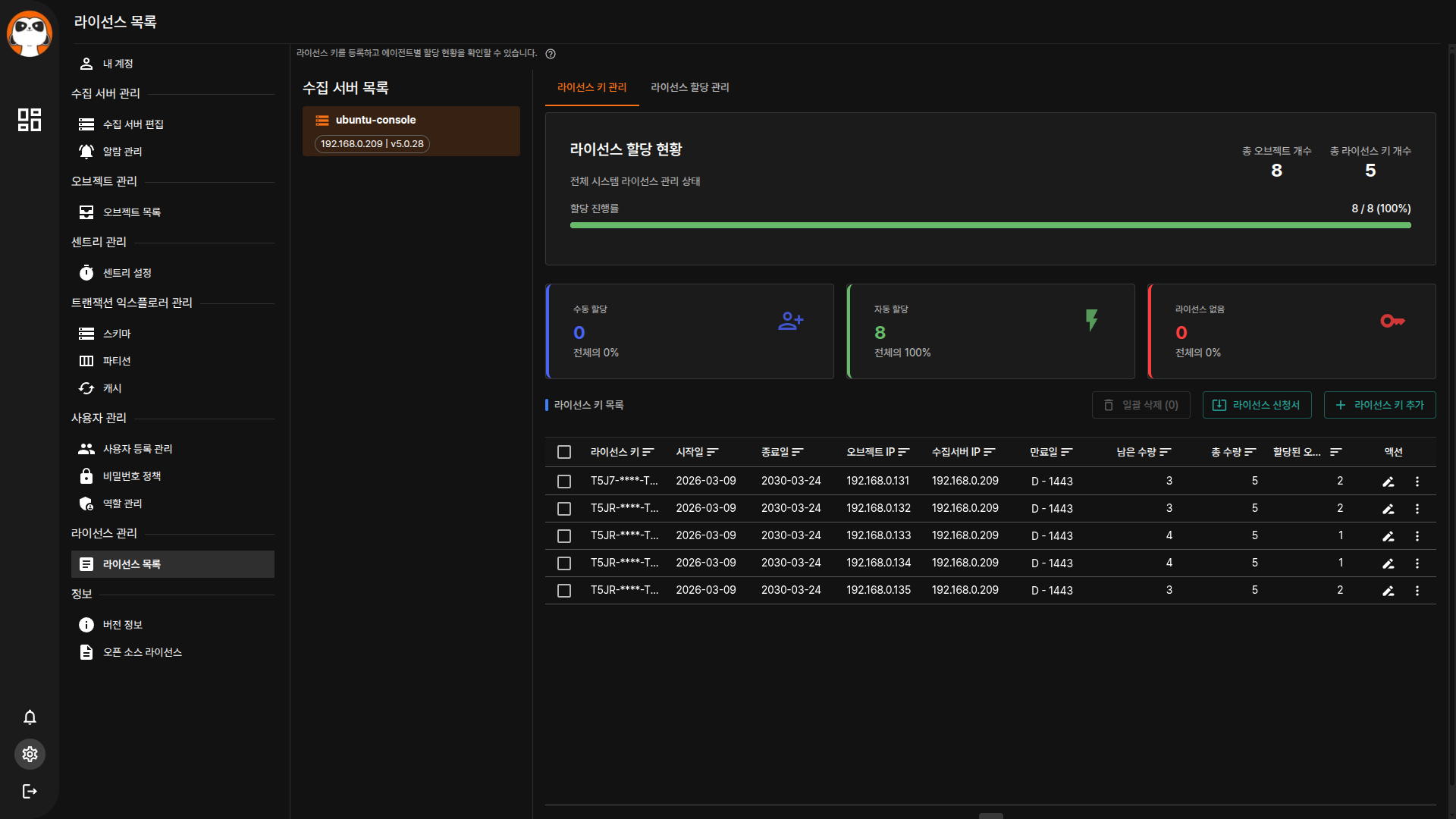 라이선스 관리 전체 화면